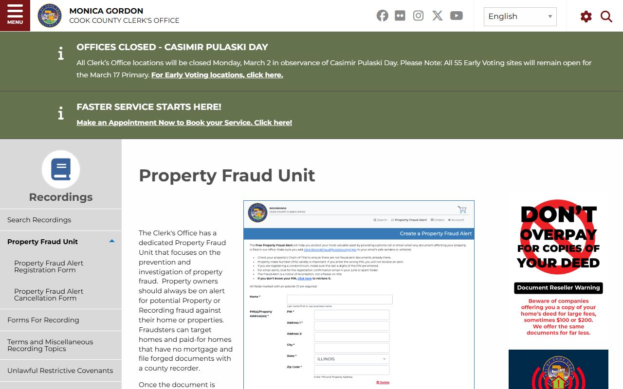 Cook County Property Fraud Unit page related to Cook County deed records