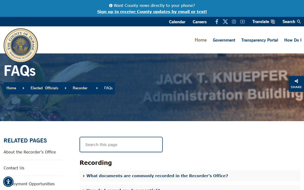 DuPage County Recorder FAQ page covering DuPage County deed records questions