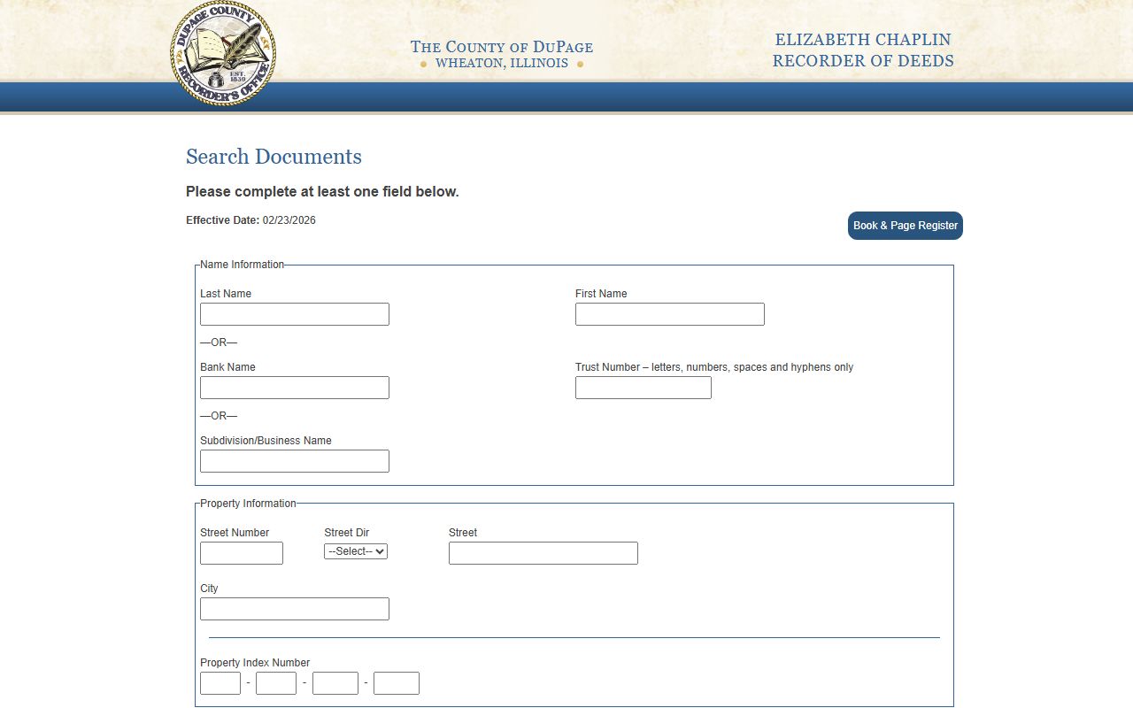 DuPage County Recorder online search database for DuPage County deed records