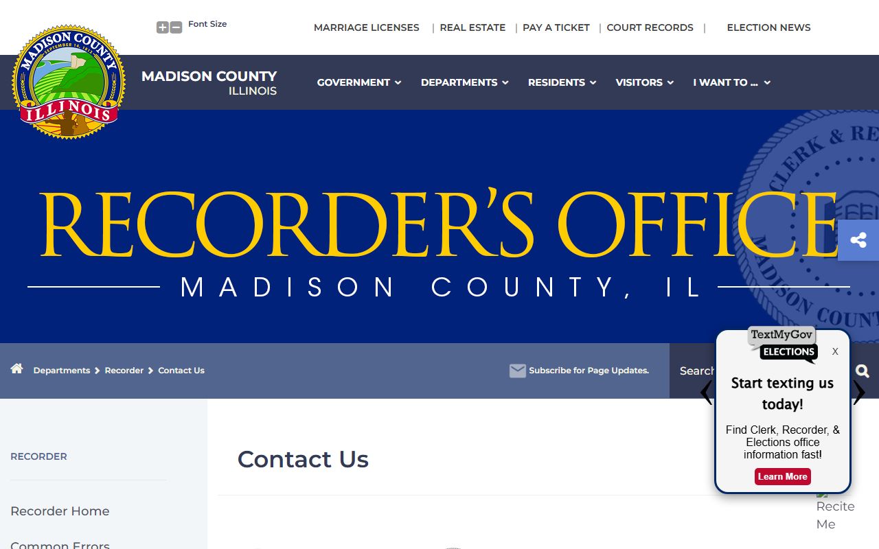 Madison County Recorder contact page with office phone and email for deed records