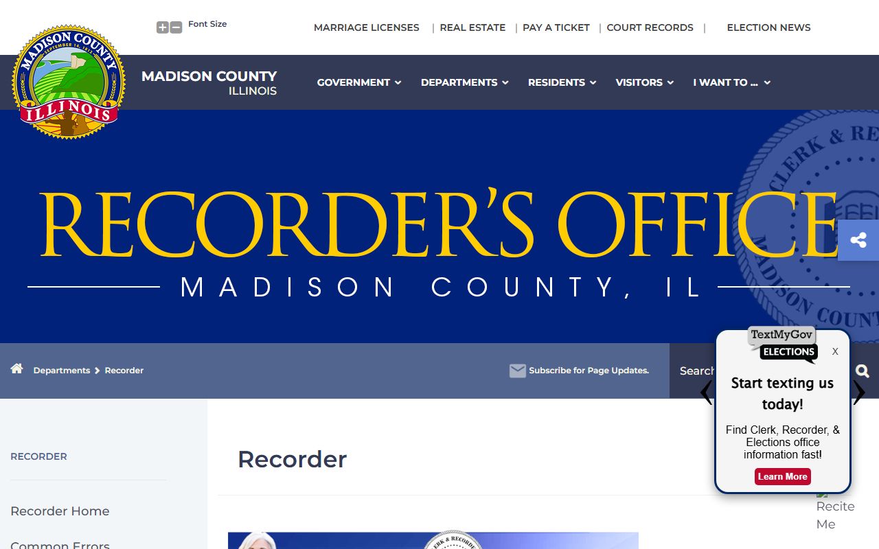 Madison County Recorder's Office homepage for Madison County deed records