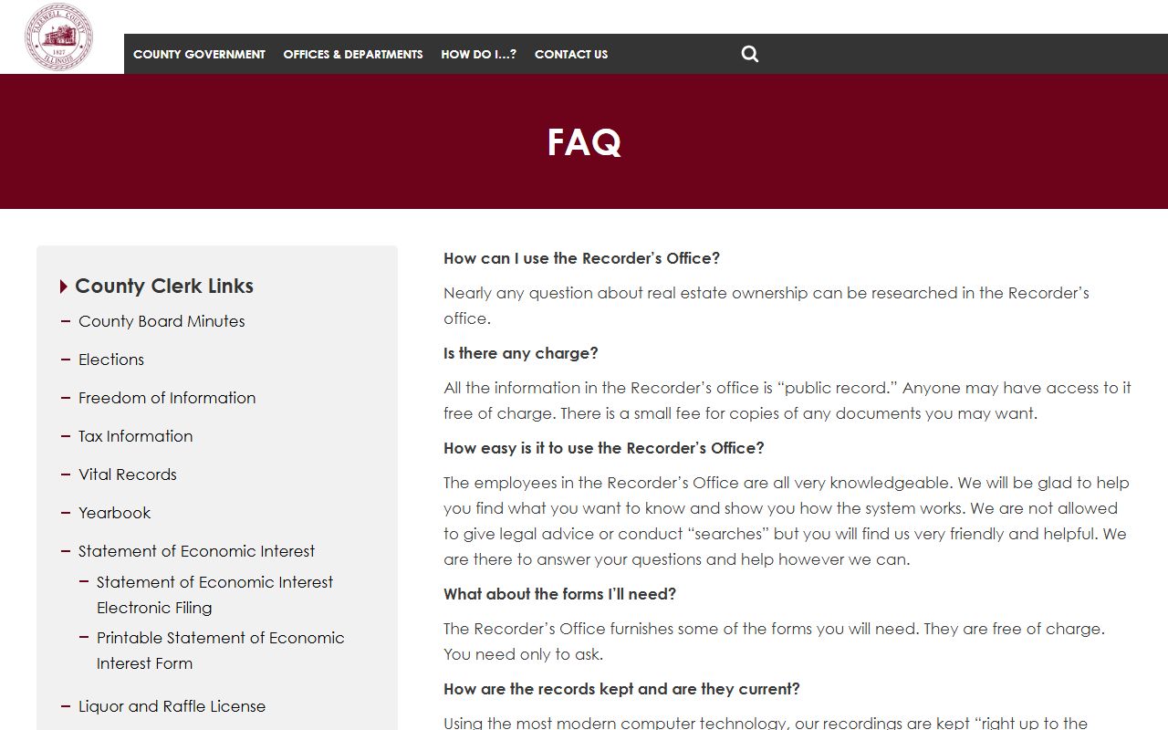 Tazewell County Recorder FAQ page for deed records questions