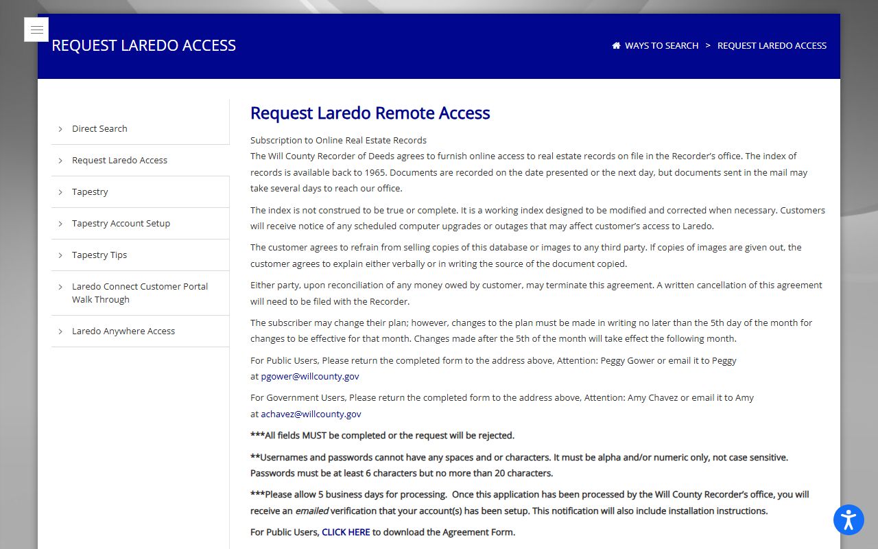 Will County Laredo subscription access page for deed records
