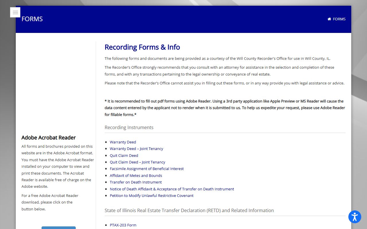 Will County Recorder forms page for deed recording in Will County